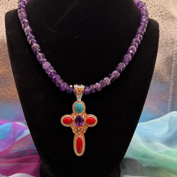 Jay King Amethyst, Turquoise, Red. Coral, & Sterling Silver Cross Necklace. - Picture 2 of 8